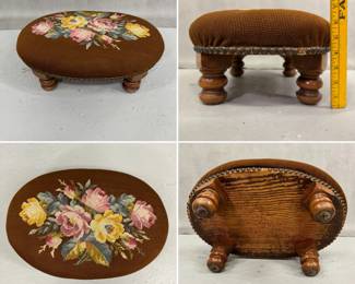Vintage floral pattern needlepoint foot stool  with turned bun feet