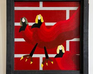 "Wall Flowers" original painting by Michigan outsider artist Dennis L. Olejarczyk, signed, dated '95, framed size is 22"W x 23"H.