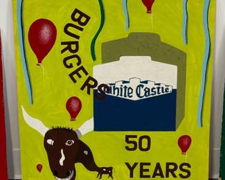 "White Castle" original painting on board, signed and dated '98 by Muskegon, Michigan outsider artist D. L. Olejarczyk. 22"W x 24"H. The stylized painting commemorates the 50th anniversary of fast-food hamburger chain White Castle, and features a cartoonish bull head, red balloons, streamers, and a rendering of a classic White Castle building and slider box, all on a bright chartreuse or lime green background, with text reading "BURGER," "White Castle," "50 YEARS," and is dated 1995 with the signature D. L. Olejarczyk.