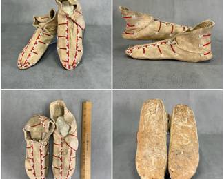 Pair of Native American Indian beaded hard sole sinew sewn moccasins, tanned leather with glass seed beadwork in lane stitch rows of red and white beads; integrated leather tie laces through the cuff fold.