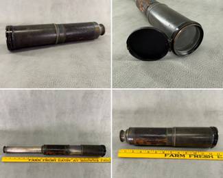 An antique 19th-century brass and leather-wrapped spyglass telescope featuring a multi-draw metal barrel and a central grip covered in distressed dark leather. 12", extends to 24".