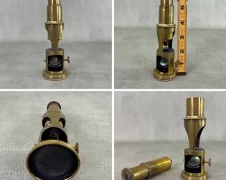 Antique French-style brass drum microscope (or field/student microscope) circa 1850–1900, measuring approximately 6.25 to 6.5 inches tall.