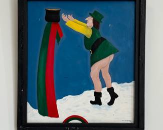 "The Leprechaun Lift" original signed painting on board, signed, dated '96 by outsider artist Dennis L. Olejarczyk. Framed size is 20.5"W x 23"H.