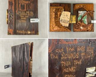 Interior views of the hinged two-piece original artwork by Columbus, Ohio artist Brenda Lynn Robinson (Aminah) 1940–2015. Wood, metal, mixed media, dated 1979. "OutHouses" theme.