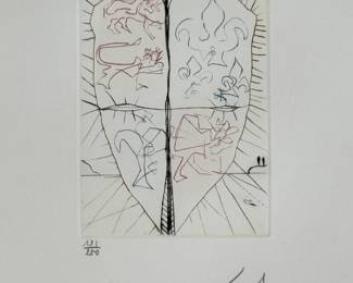 Closeup view of Salvador Dali's "Henry V(b)" drypoint etching with color from Dali's Shakespeare II suite, 1971,  hand signed and numbered 131/250.  Image is 5"x7", sheet is 17-1/2 x 12-1/4 inches. Full suite available at this sale.