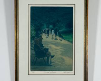 "Sunday Afternoon" color lithograph by graphic artist and printmaker Harold Altman (American, 1924-2003), signed, edition 74/165, framed size 20.25"W x 27.325"H.