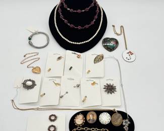 Fashion necklaces, vintage stick pins, cuff bracelet, beaded necklaces, vintage pendants and cameos