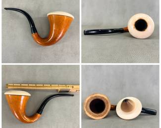 A classic gourd calabash tobacco pipe with a block meerschaum inner bowl and a curved vulcanite stem, popularly known as a Sherlock Holmes-style pipe