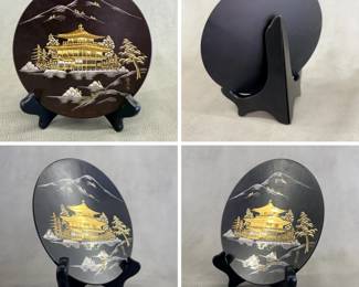 A vintage Japanese Amita damascene ware display plate, 5-3/4"W, featuring the iconic Kinkaku-ji (The Golden Pavilion) temple in Kyoto and signed by artist Tetsuzoh Shoji. The metal plate is meticulously inlaid with 24K gold, green gold, and pure silver, and comes with original purchase and guarantee paperwork from Amita Corp., Kyoto Handi Craft Center in 1988.