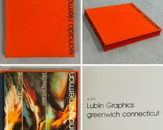 1975 art monograph and folio "Leonardo Nierman," published by Lublin Graphics in Greenwich, Connecticut; features essays and texts by renowned writers Julio Cortázar and Max-Pol Fouchet, showcasing the abstract paintings and sculptures of Mexican artist Leonardo Nierman.