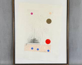 Buckingham Fountain (1972), an original color etching and drypoint from the Visions of Chicago suite by Salvador Dalí.  Numbered #XVII / L, size 12 X 20", signed, framed
