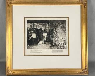 James Tissot "The Prodigal Son: The Fatted Calf" Wentworth 61 etching, 15" X 13", c. 1881; second state of two, with the addition of Biblical text in the title margin, lower center; from the edition of 400 after the edition of 100 (total edition 500), printed on heavy cream laid paper, signed and dated lower left: J.J. Tissot 1881. Framed.