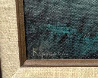 Closeup of signature on Robert Kipniss (American, b. 1931); "Highlands" a signed, framed oil on canvas landscape artwork of  cabins or sheds nestled among dark trees beneath a pale, overcast sky.  Painting is 15.5" X 19.5", overall 27-1/8" x 23-3/16"
