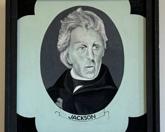 Original painting titled "Jackson" by outsider artist D. L. Olejarczyk. Titled, signed, and dated '98 on the reverse. Framed size is 25"W x 27"H.