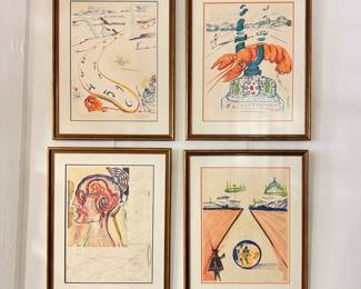 Four pieces from Salvador Dali’s “Objects and Imaginations of the Future” 1975 complete suite of limited edition prints combining etchings, lithographs, screenprints, and collages on Japon paper, 28” x 21” and each hand-signed and inscribed LVI/LXXV. Melting Space Time, Cybernetic Lobster Telephone, Spectacles with Holograms, and Intrauterine Paradisiac Locomotion. This rare complete portfolio of 11 original prints comes with its original wooden presentation box. 