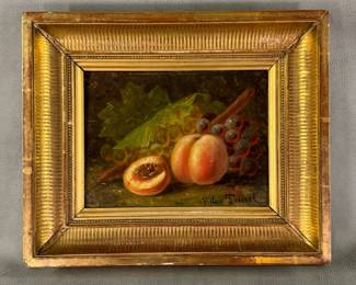 Hélène Taurel (1836-1919) still life oil painting of grapes and peaches. 12-1/2" x 15".