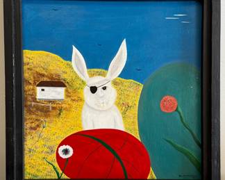 “The Real Easter Rabbit” original painting on board by outsider artist Dennis L. Olejarczyk of Muskegon, Michigan. Signed and dated ‘96, framed size 20” x 20”.