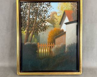 “Corner House” oil on canvas painting by Robert Kipniss (American, b. 1931.) Painting is 19" x 23", signed, framed size 22”W x 26”H. Reverse with handwritten dedication “To Audrey & John, with warm regards, Robert Kipniss 11/18/88” and a vintage foil Merrill Chase Chicago tag.