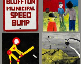 From our large collection of outsider art: original paintings by Muskegon, Michigan artist Dennis L. Olejarczyk. Paint on board. “Bluffton Municipal Speed Bump”, size 18”W x 20”H; “Talking Crow” dated ‘02, signed, size 18”W x 20”H; “Baseball” dated ‘95, signed, size 15-1/2”W x 16-1/2”W; “Waiting” dated ‘95, signed, size 22”W x 23”H.