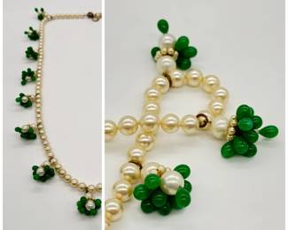 More views of the 1930's French faux pearl necklace with green teardrop cluster spacers and sterling silver clasp