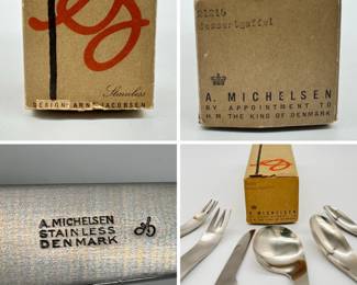 More views of the iconic Arne Jacobsen stainless steel flatware place setting designed in 1957 for Georg Jensen, famous for its sleek, minimalist lines and fluid integration of handle and bowl; with original packaging