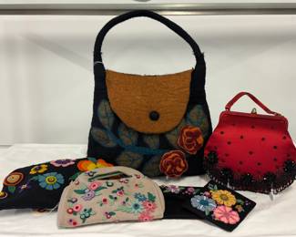 Vintage decorative felted clutch purses, handbag; and a stylish little Made by Sorini red satin evening handbag featuring a kiss-lock metal frame, a single top handle, and decorative black beadwork and floral beaded motifs along the bottom edge