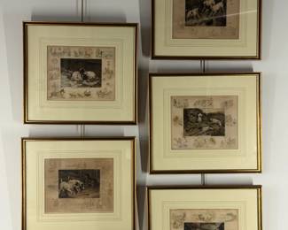 A framed set of five vintage Victorian-era dog etchings and engravings by the British artist Frank Paton (1855–1909), published around the 1890s by Leggatt Bros. Framed size 17"W x 15"H.