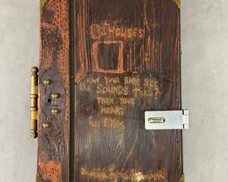 Hinged two-piece original artwork by Columbus, Ohio artist Brenda Lynn Robinson (Aminah) 1940–2015. Wood, metal, mixed media, dated 1979. "OutHouses" theme.