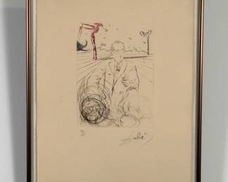 Salvador Dali's "Jonas Salk" drypoint etching with color from Dali’s "Medicine and Science" suite of 8 engravings, 1970, 5 x 8.5", hand-signed and marked with edition #121/125, framed.