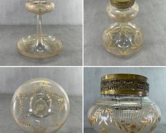 More views of the antique Bohemian cut crystal rose bowl / flower frog vase, 10-3/4" tall, featuring a classical footed center bowl or posy design elevated by a pedestal stem, decorated with engraved and gold gilt flower garlands. The top is fitted with an ornate, removable metal filigree rim holding a woven wire mesh "frog", which is used to support and organize flower stems. Produced by the historic Josephinenhütte glassworks around the late 19th century to early 20th century (circa 1900.)