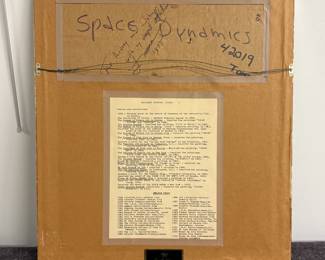 Reverse of "Space Dynamics," watercolor painting by Leonardo Nierman, 10 x 14", signed lower right, framed; reverse with hand-written title of painting and dedication "For Audrey and John with my deepest affection L Nierman 1975"