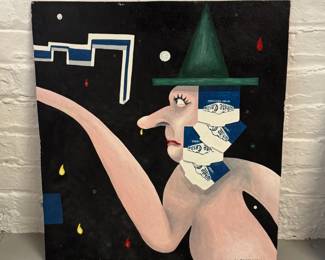 "The White Castle Suffle" original painting by outsider artist Dennis L. Olejarczyk. Signed, and dated '98. Dimensions 19"W x 21"H. Depicts a surreal, long-nosed figure wearing a green witch's hat with a neck collaged or layered with vintage White Castle slider-box graphics in front of a dark, star-like background accented by floating teardrop shapes. Signed "D.L. Olejarczyk '98" in the bottom right corner.