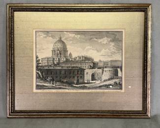 18th-century copperplate etching titled Porta Cavalleggeri et Posterula by the Italian architect and printmaker Giuseppe Vasi (1710–1782), published in his monumental 1747 work Delle magnificenze di Roma antica e moderna. Framed size 19-1/4"W x 15-1/4"H.