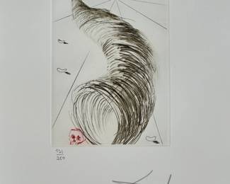 Closeup view of Salvador Dali's "Timon of Athens" drypoint etching with color from Dali's Shakespeare II suite, 1971,  hand signed and numbered 131/250.  Image is 5"x7", sheet is 17-1/2 x 12-1/4 inches. Full suite available at this sale.