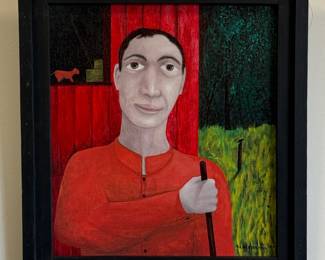 Original painting by outsider artist Dennis L. Olejarczyk. Signed lower right corner and dated '03. Framed size 20"W x 21"H.