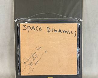 Reverse of "Space Dynamics," watercolor painting by Leonardo Nierman, 9-5/8 x 13-1/2", signed, framed 16-1/2"W x 20-5/8"H; reverse with attached clear sleeve containing brown paper with title of painting and dedication "For John & Audrey Paton most fondly L. Nierman 1983"