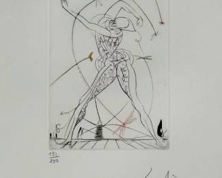 Closeup view of Salvador Dali's "All's Well That Ends Well" drypoint etching with color from Dali's Shakespeare II suite, 1971,  hand signed and numbered 131/250.  Image is 5"x7", sheet is 17-1/2 x 12-1/4 inches. Full suite available at this sale.