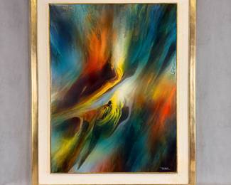 "Cosmic Wind" acrylic on masonite painting by Leonardo Nierman (Mexico, 1932-2023), signed, 32 x 24", framed