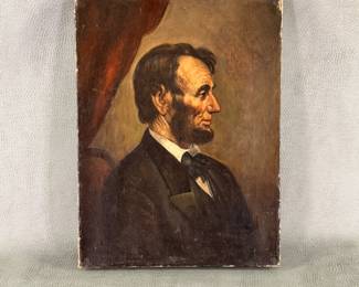 Antique 19th C. painting on canvas depicting President Abraham Lincoln. Measures 9 inches wide by 12-1/2 inches high.