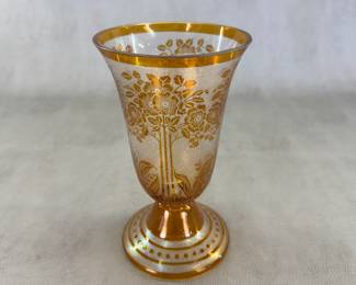 An Art Deco era amber cut-to-clear art glass vase, 10 inches tall, with roses and lily of the valley floral motif  