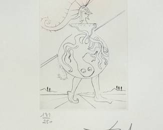 Closeup view of Salvador Dali's "Troilus and Cressida" drypoint etching with color from Dali's Shakespeare II suite, 1971,  hand signed and numbered 131/250.  Image is 5"x7", sheet is 17-1/2 x 12-1/4 inches. Full suite available at this sale.