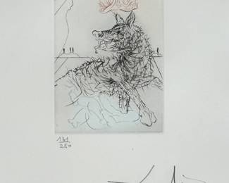Closeup view of Salvador Dali's "Richard III(a)" drypoint etching with color from Dali's Shakespeare II suite, 1971,  hand signed and numbered 131/250.  Image is 5"x7", sheet is 17-1/2 x 12-1/4 inches. Full suite available at this sale.