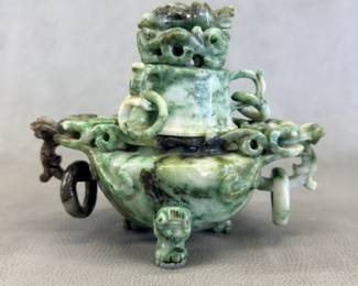 A Chinese carved green hardstone lidded incense burner (censer) featuring dragon and loose-ring motifs; 5-3/4" tall
