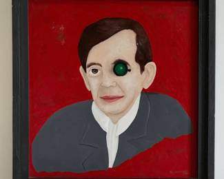 "John Allen" original painting by Michigan outsider artist Dennis L. Olejarczyk, signed, dated '96, framed size is 21-5/8"W x 22-3/4"H.