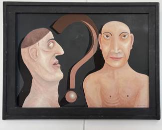 "Three Stooges Jesus Buddha Mohammad" original painting on board by outsider artist Dennis L. Olejarczyk, signed, dated '02, framed size is 23.75"W x 20"H.