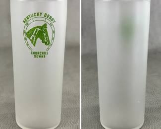 1945 Kentucky Derby Tall Mint Julep Glass (or a closely related 1940s-era official Churchill Downs glass) featuring a frosted body and a green horseshoe and horse head graphic