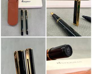  a Waterman Laureat fountain pen and matching rollerball pen set in a marble/granite pattern with gold-plated trim, presented with a brown leather pouch and white Waterman Paris box