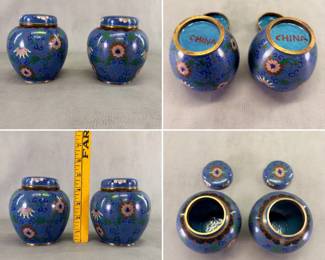 Pair of vintage Chinese cloisonné enamel ginger jars with matching lids, decorated with floral and scroll patterns on a cobalt blue ground;  4-1/4"W x 4-5/8"H.