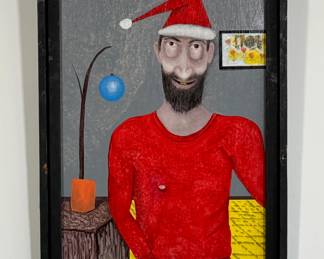 "Rescue Mission Santa #3" aka "Crack Santa" original signed painting on board, dated '09 by Dennis L. Olejarczyk. Framed size is 25"W x 33"H.