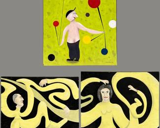 Original paintings by outsider artist Dennis L. Olejarczyk of Muskegon, Michigan. Paint on board, signed. “More YoYos” dated ‘96, size 23.5”W x 21.5”H; “A A Aerobics I” dated ‘96, size 27-3/4”W x 19-5/8”H; “A A Aerobics II” dated ‘96, size 27-3/4”W x 23-3/4”H.